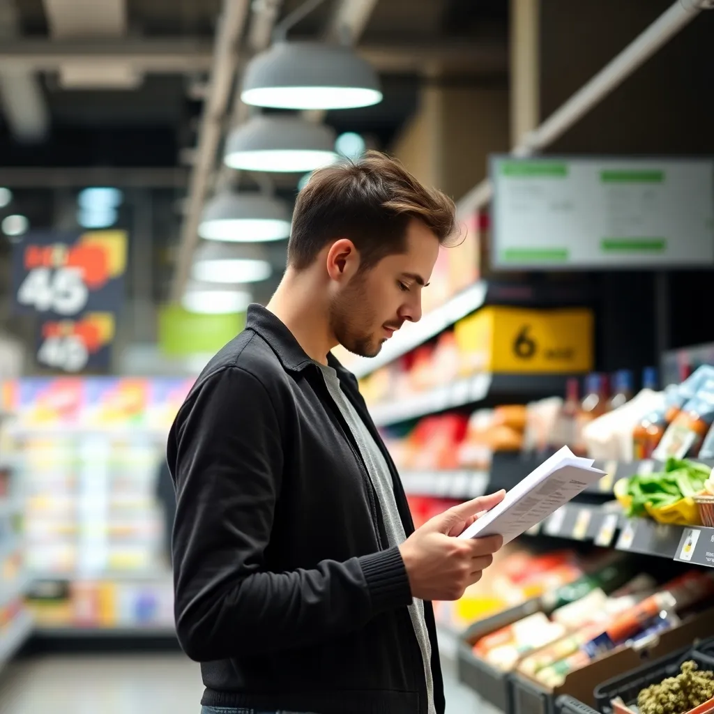 Persoon die boodschappenlijst controleert in Nederlandse supermarkt