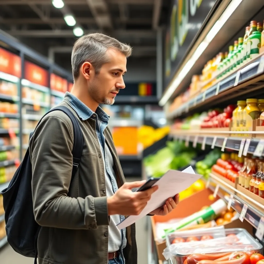 Persoon bezig met boodschappen doen met boodschappenlijst en calculator
