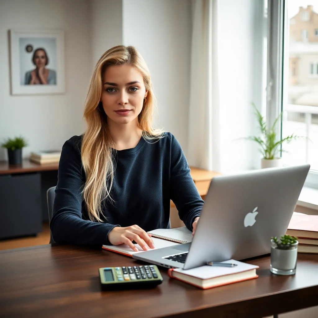 Jonge Nederlandse vrouw die thuis haar financiën beheert met laptop en rekenmachine